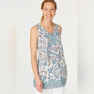 J.Jill Paisley Lagenlook White Sleeveless Boho Tassel Small Petite Tank Top